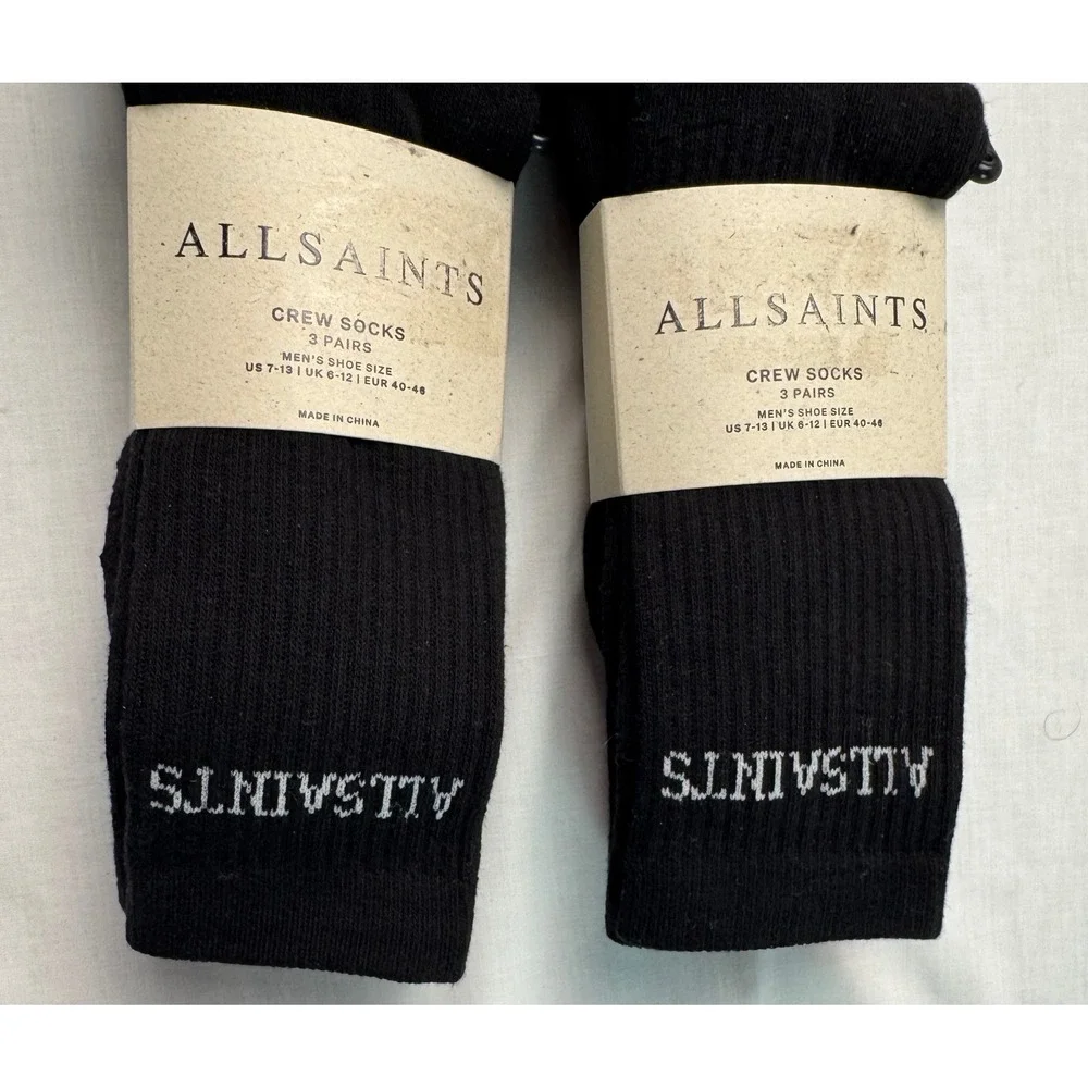 AllSaints Mens 6 Pair Crew Socks Black Ribbed Cotton Logo US 7-13